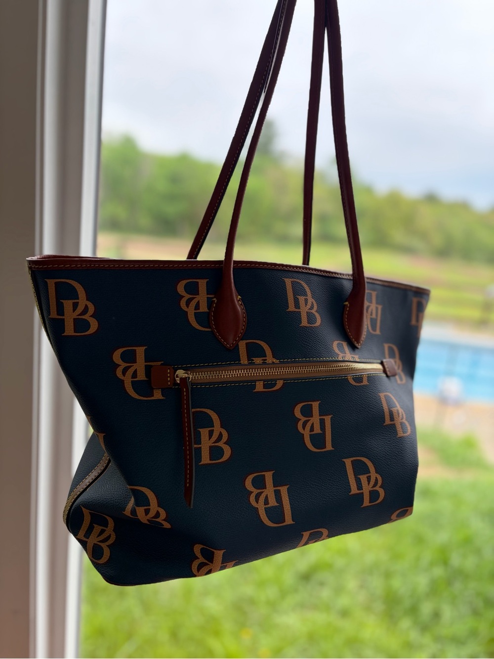 Dooney & Bourke Navy Logo Tote with Tan Trim - Picture 3 of 8